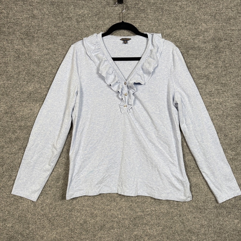 Brooks Brothers Sz XL Top Blouse Blue Cotton Blend Ruffled Neckline Long Sleeves